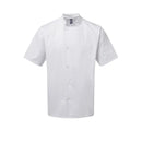 A white short sleeve chef's jacket with resin button fastening and a mandarin collar. Premier Chef's Essential Short Sleeve Jacket - PR900