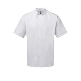 A white short sleeve chef's jacket with resin button fastening and a mandarin collar. Premier Chef's Essential Short Sleeve Jacket - PR900