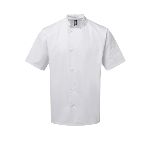 A white short sleeve chef's jacket with resin button fastening and a mandarin collar. Premier Chef's Essential Short Sleeve Jacket - PR900