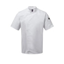 A short sleeve white chef's jacket with a mandarin collar, side vents, and a zip-close front. Premier Chef's Zip-Close Short Sleeve Jacket - PR906