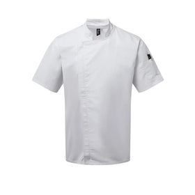 A short sleeve white chef's jacket with a mandarin collar, side vents, and a zip-close front. Premier Chef's Zip-Close Short Sleeve Jacket - PR906