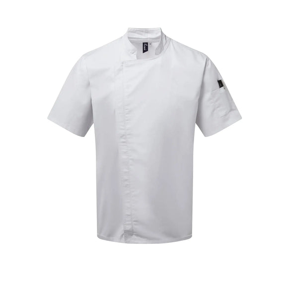 A short sleeve white chef's jacket with a mandarin collar, side vents, and a zip-close front. Premier Chef's Zip-Close Short Sleeve Jacket - PR906