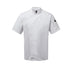 A short sleeve white chef's jacket with a mandarin collar, side vents, and a zip-close front. Premier Chef's Zip-Close Short Sleeve Jacket - PR906