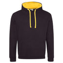 Just Hoods College Varsity Hoodie - JH003 in jet black with gold drawcords and hood lining against a white background