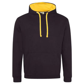 Just Hoods College Varsity Hoodie - JH003 in jet black with gold drawcords and hood lining against a white background
