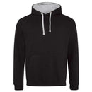 Just Hoods College Varsity Hoodie - JH003 in jet black with heather grey drawcords and hood lining against a white background