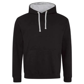 Just Hoods College Varsity Hoodie - JH003 in jet black with heather grey drawcords and hood lining against a white background