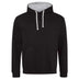 Just Hoods College Varsity Hoodie - JH003 in jet black with heather grey drawcords and hood lining against a white background