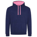 Just Hoods College Varsity Hoodie - JH003 in oxford navy with candy floss pink drawcords and hood lining against a white background