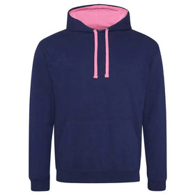 Just Hoods College Varsity Hoodie - JH003 in oxford navy with candy floss pink drawcords and hood lining against a white background