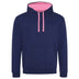 Just Hoods College Varsity Hoodie - JH003 in oxford navy with candy floss pink drawcords and hood lining against a white background