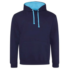 Just Hoods College Varsity Hoodie - JH003 in oxford navy with hawaiian blue drawcords and hood lining against a white background