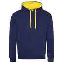 Just Hoods College Varsity Hoodie - JH003 in oxford navy with sun yellow drawcords and hood lining against a white background