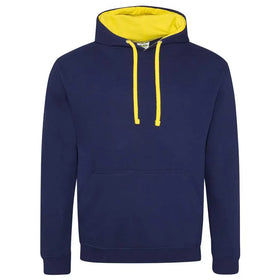 Just Hoods College Varsity Hoodie - JH003 in oxford navy with sun yellow drawcords and hood lining against a white background