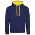 Just Hoods College Varsity Hoodie - JH003 in oxford navy with sun yellow drawcords and hood lining against a white background