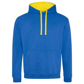 Just Hoods College Varsity Hoodie - JH003 in royal blue with sun yellow drawcords and hood lining against a white background
