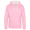 Just Hoods College Varsity Hoodie - JH003 in baby pink with arctic white drawcords and hood lining against a white background