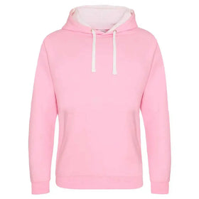 Just Hoods College Varsity Hoodie - JH003 in baby pink with arctic white drawcords and hood lining against a white background