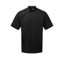 A black short sleeve chef's jacket with resin button fastening and a mandarin collar. Premier Chef's Essential Short Sleeve Jacket - PR900