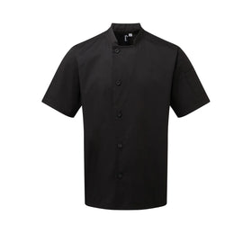 A black short sleeve chef's jacket with resin button fastening and a mandarin collar. Premier Chef's Essential Short Sleeve Jacket - PR900
