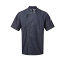 A short sleeve indigo denim chef's jacket with a mandarin collar, side vents, and a zip-close front. Premier Chef's Zip-Close Short Sleeve Jacket - PR906