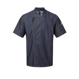 A short sleeve indigo denim chef's jacket with a mandarin collar, side vents, and a zip-close front. Premier Chef's Zip-Close Short Sleeve Jacket - PR906