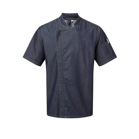 A short sleeve indigo denim chef's jacket with a mandarin collar, side vents, and a zip-close front. Premier Chef's Zip-Close Short Sleeve Jacket - PR906