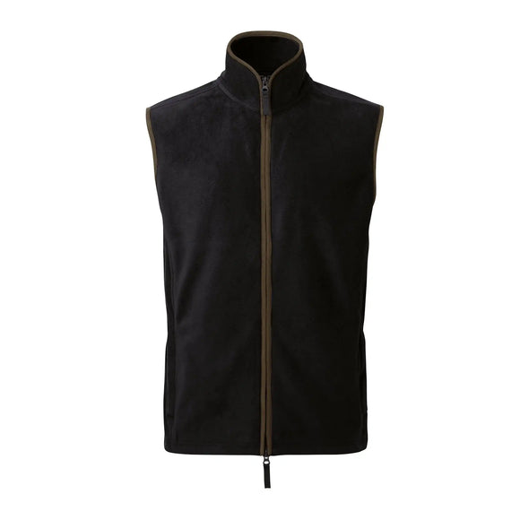 A sleeveless black men's gilet with a high collar and a brown two-way zipper in the front. Premier Artisan Fleece Gilet - PR803