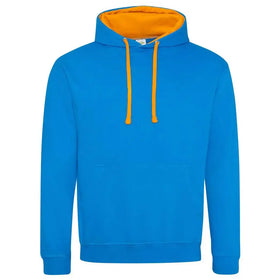 Just Hoods College Varsity Hoodie - JH003 in sapphire blue with orange crush drawcords and hood lining against a white background