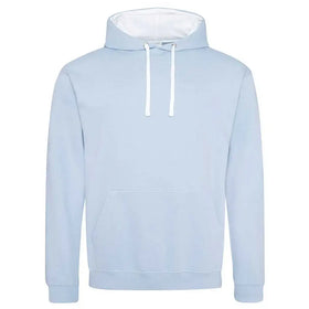 Just Hoods College Varsity Hoodie - JH003 in sky blue with arctic white drawcords and hood lining against a white background