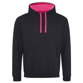 Just Hoods College Varsity Hoodie - JH003 in jet black with hot pink drawcords and hood lining against a white background