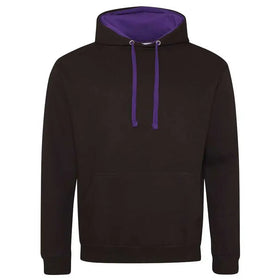 Just Hoods College Varsity Hoodie - JH003 in jet black with purple drawcords and hood lining against a white background