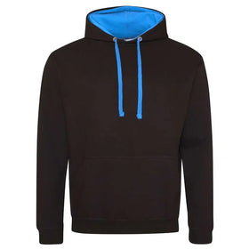 Just Hoods College Varsity Hoodie - JH003 in jet black with sapphire blue drawcords and hood lining against a white background