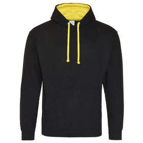 Just Hoods College Varsity Hoodie - JH003 in jet black with sun yellow drawcords and hood lining against a white background