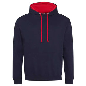 Just Hoods College Varsity Hoodie - JH003 in new french navy with fire red drawcords and hood lining against a white background