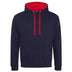 Just Hoods College Varsity Hoodie - JH003 in new french navy with fire red drawcords and hood lining against a white background