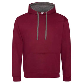 Just Hoods College Varsity Hoodie - JH003 in burgundy with charcoal grey drawcords and hood lining against a white background
