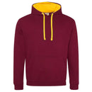 Just Hoods College Varsity Hoodie - JH003 in burgundy with gold drawcords and hood lining against a white background