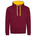 Just Hoods College Varsity Hoodie - JH003 in burgundy with gold drawcords and hood lining against a white background