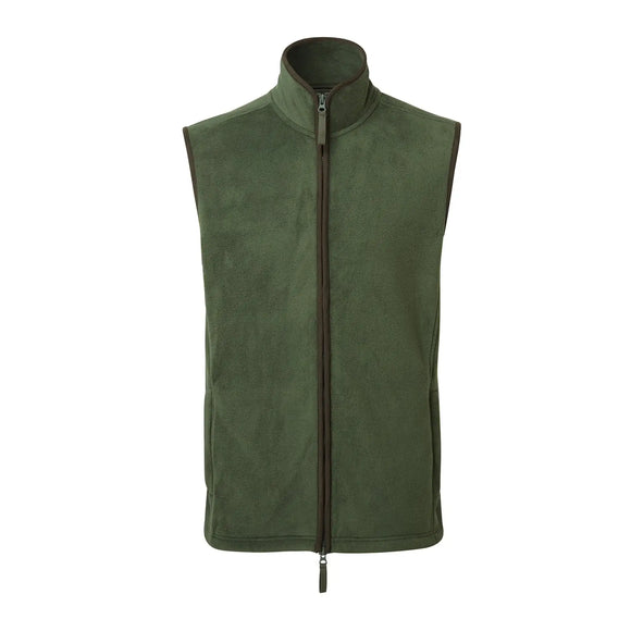 A sleeveless moss green men's gilet with a high collar and a brown two-way zipper in the front. Premier Artisan Fleece Gilet - PR803