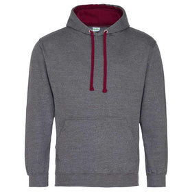 Just Hoods College Varsity Hoodie - JH003 in charcoal grey with burgundy drawcords and hood lining against a white background