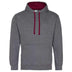 Just Hoods College Varsity Hoodie - JH003 in charcoal grey with burgundy drawcords and hood lining against a white background