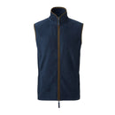 A sleeveless navy blue men's gilet with a high collar and a brown two-way zipper in the front. Premier Artisan Fleece Gilet - PR803