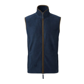 A sleeveless navy blue men's gilet with a high collar and a brown two-way zipper in the front. Premier Artisan Fleece Gilet - PR803