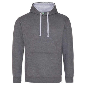 Just Hoods College Varsity Hoodie - JH003 in charcoal grey with heather grey drawcords and hood lining against a white background