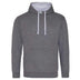 Just Hoods College Varsity Hoodie - JH003 in charcoal grey with heather grey drawcords and hood lining against a white background