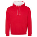 Just Hoods College Varsity Hoodie - JH003 in fire red with arctic white drawcords and hood lining against a white background