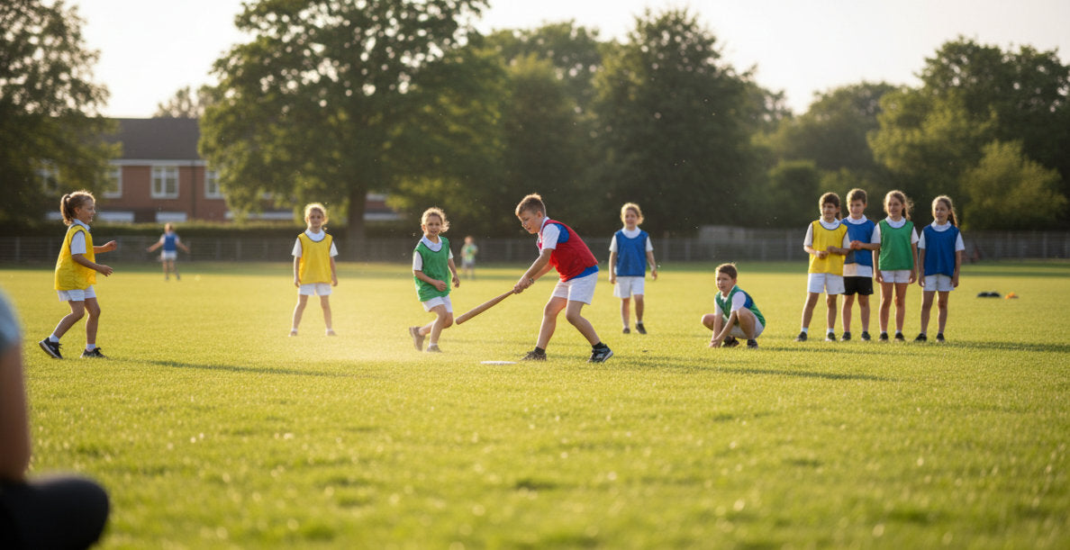 Children playing sports on a grass field with trees in the background