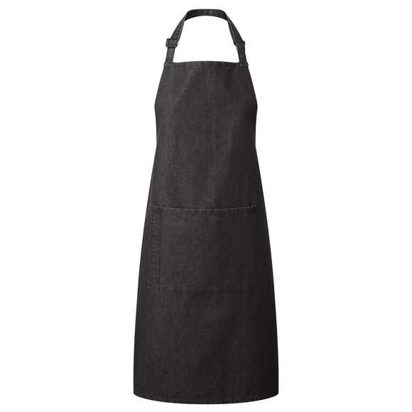 A black denim bib apron with a center pocket, adjustable neck strap, displayed against a white background. Denim Bib Apron with Pocket - PR154