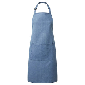 A blue denim bib apron with a center pocket, adjustable neck strap, displayed against a white background. Denim Bib Apron with Pocket - PR154